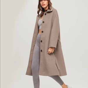 Brushed Wool Taupe Tan Long Coat Belted